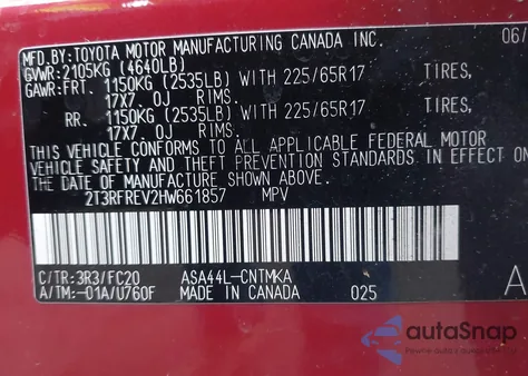 2017 Toyota Rav4 Xle z USA, uszkodzony, nr VIN 2T3RFREV2HW661857